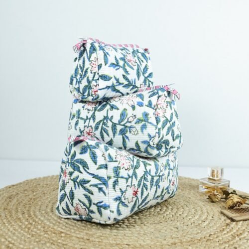 Green-Pink Floral Block Printed Set Of 3 Cotton Toiletry Pouches