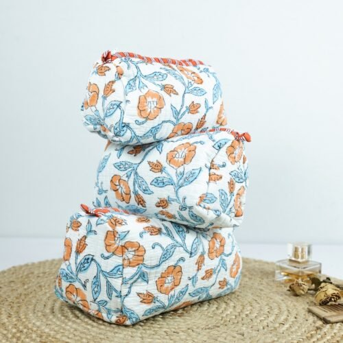 Orange-SkyBlue Floral Jaal Block Printed Set Of 3 Cotton Toiletry Pouches