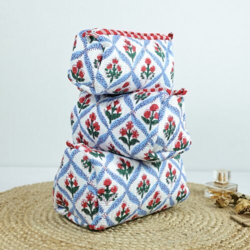Window Jhali Style Printed Set Of 3 Cotton Toiletry Pouches In Blue And White