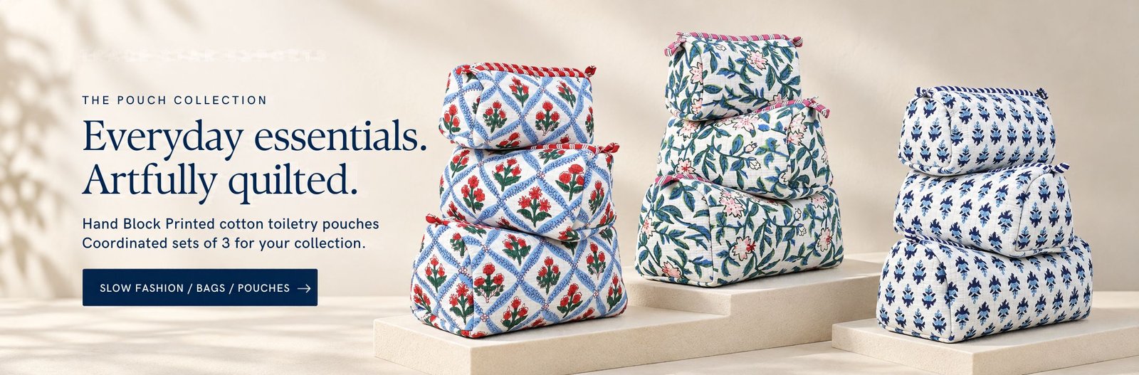 Hand Block Printed cotton toiletry pouches Coordinated sets of 3 for your collection